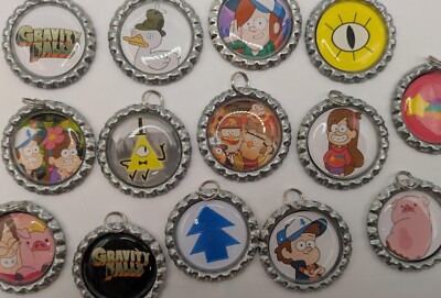 Set of 7 Gravity Falls Cartoon Bottle Cap Bling Charms w/ Split Ring & Cover DIY
