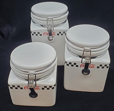COCA COLA GIBSON HINGED JAR CANISTER COOKIE  CERAMIC SET OF THREE 2002 