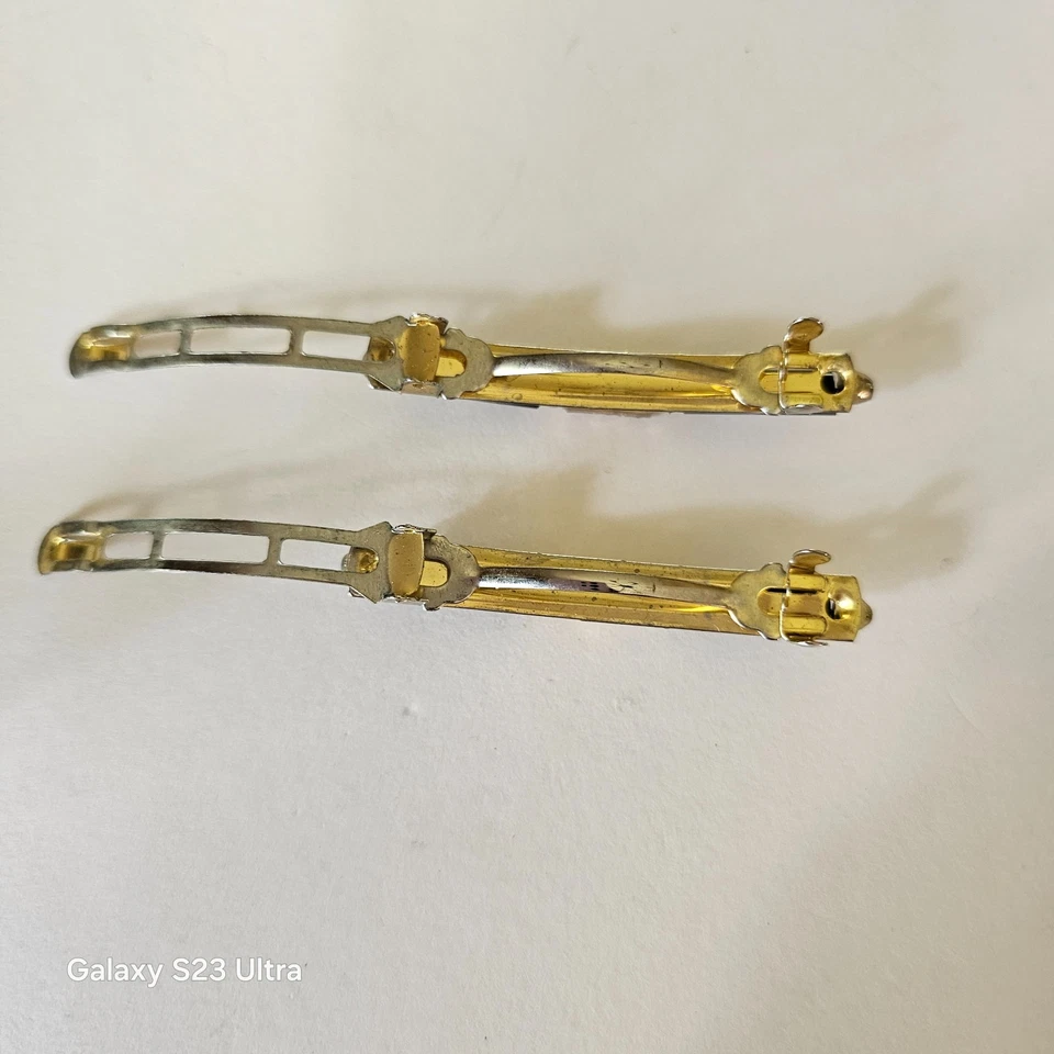 Rare Pair Matching Vintage Hair Barrettes Elegant Black & Gold w/ Rhinestones - Image 4 of 4