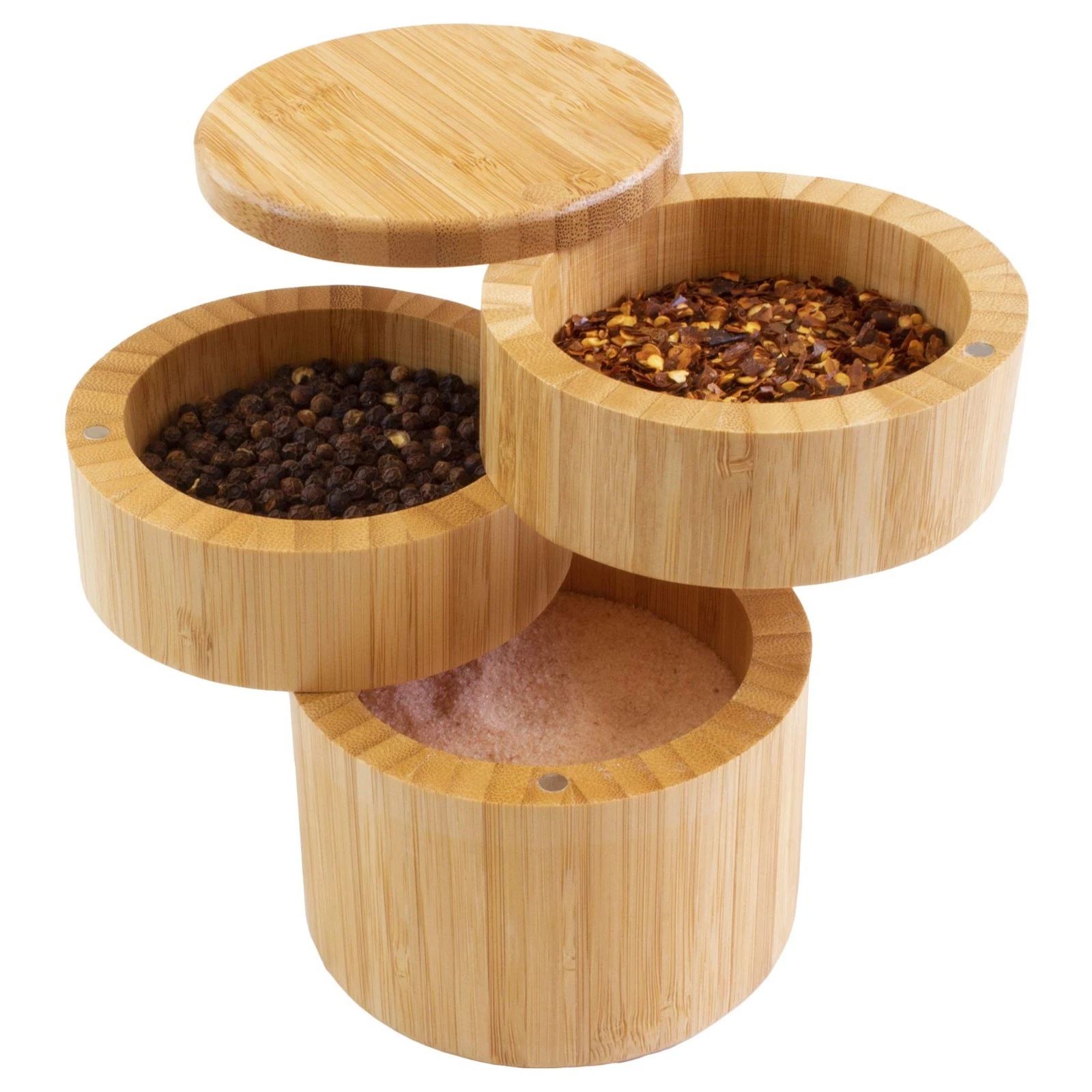 Triple Bamboo Salt Cellar 3 Tier Spice Box Swivel Lid Kitchen Storage Organizer
Opens in a new windo