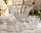 Vintage Anchor Hocking Colonial Punch Bowl Set Stand 8 Cups Clear Glass MCM 12"