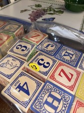 Lot of 34 Wood Toy Building Blocks Ridged 1.25" Square ABCs Animals Numbers