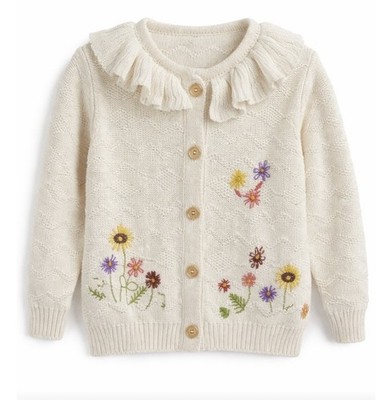 Girls Ivory Knit Cardigan Sweater Ruffle Collar Embroidered Floral NO TAGS READ