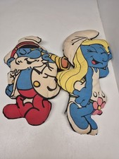 2 Vntg 1980s Smurfs Papa Smurf Smurfette 16" Pillow Plush Stuffed Toy