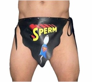 Black leather loinclothHandmade  Funny "SPERM" logo printed on front  adjustable
