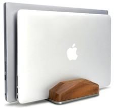 Dual Vertical Laptop Stand Natural Wood Adjustable Dock Black Walnut