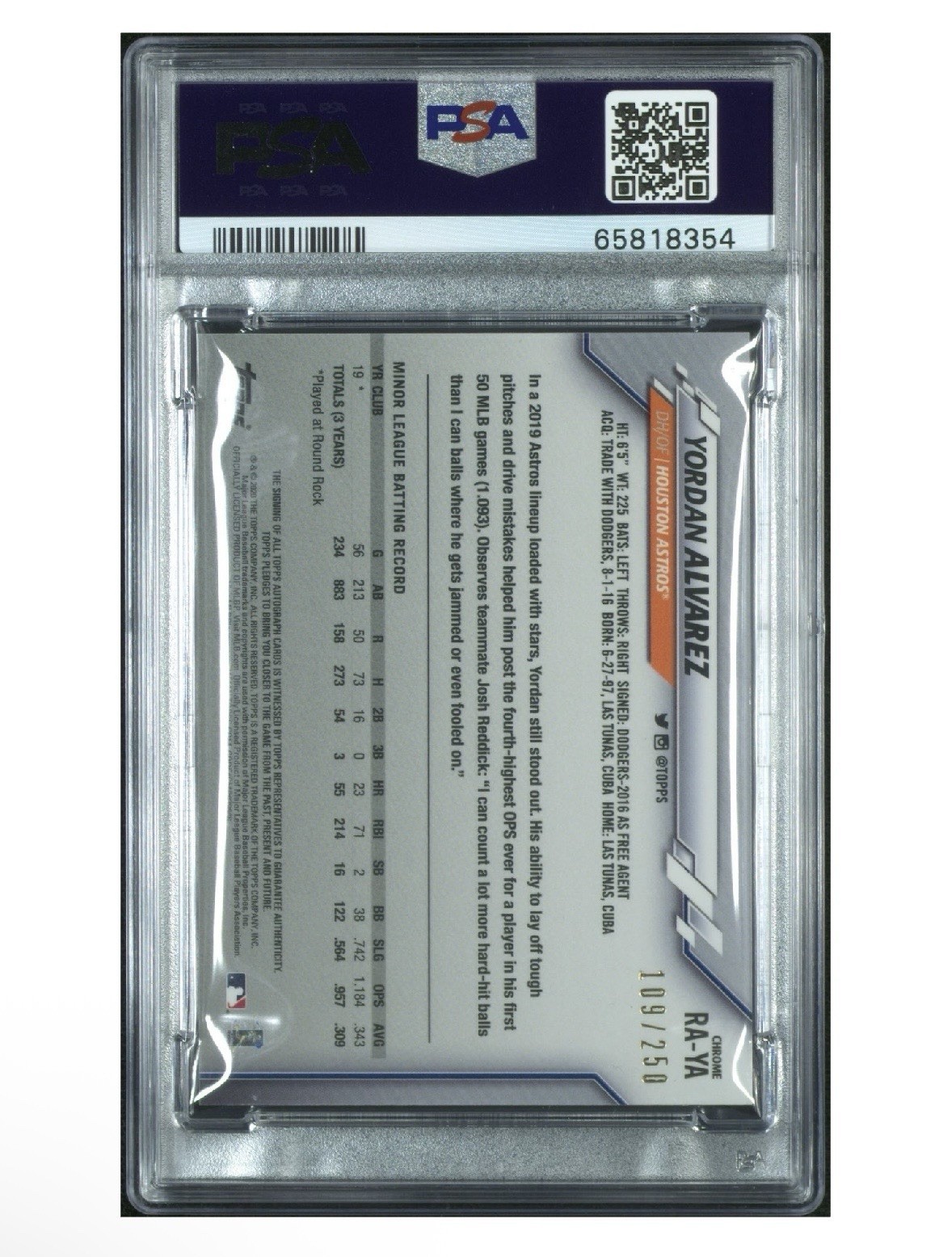 2020 Topps Chrome Yordan Alvarez Rookie Auto RC Purple Refractor #/250 PSA 10 view 2