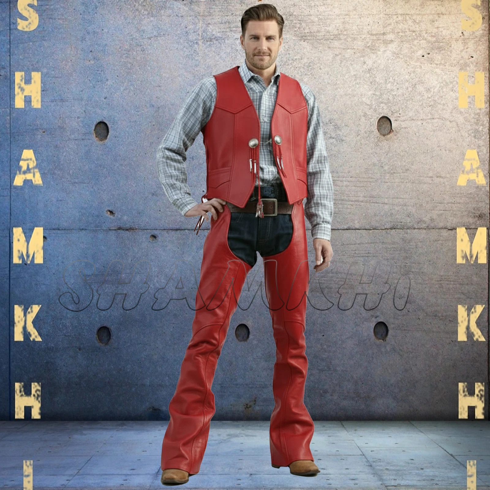 Set Custom Made Men's Red Premium Genuine Leather Vests Motorcycle Chaps