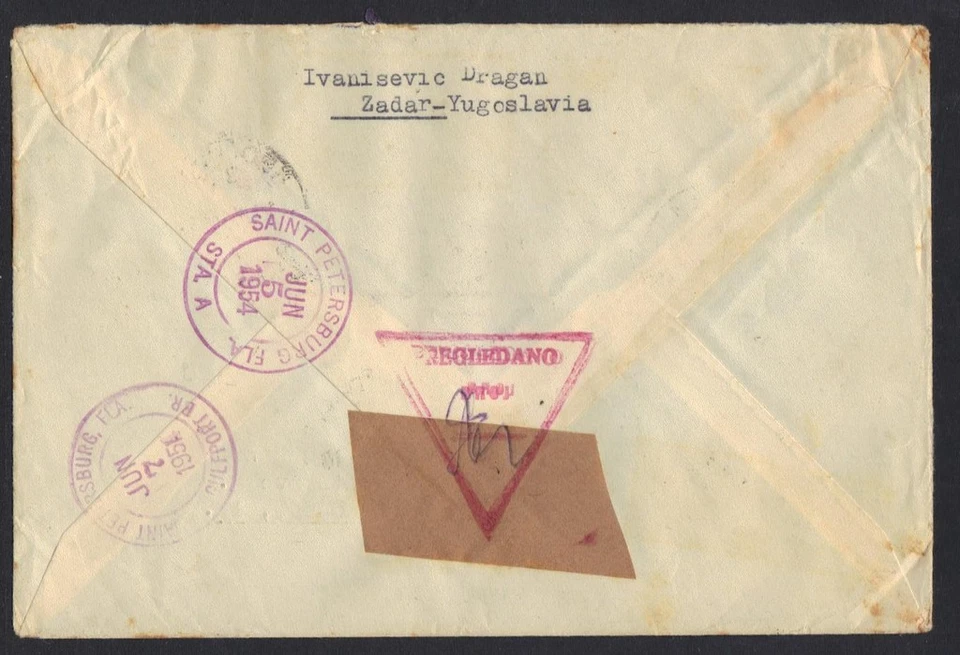 YUGOSLAVIA EE. UU. 1954 CORREO AÉREO REG BELGRADO A SAN PETERSBURGO FL EMISIÓN DE CORREO AÉREO FRANQUEADO Foto 2 de 2