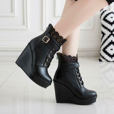 Details about   Women Chic Lace Pieced Buckle Chunky High Heel Platform Ankle Boots Knight Shoes