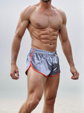 Retro Sporty Nylon Satin Shorts - High Cut Grey Athleisure Wear for Men & Women