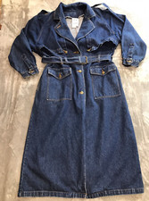 Vintage Together Full Trench Maxi Denim Coat Jean Belted Dark Wash Sz 14 Missy