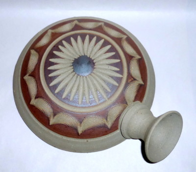 Vintage 11'' Carved Sandstone Unique Art Pottery signed Disc Table Spill Vase