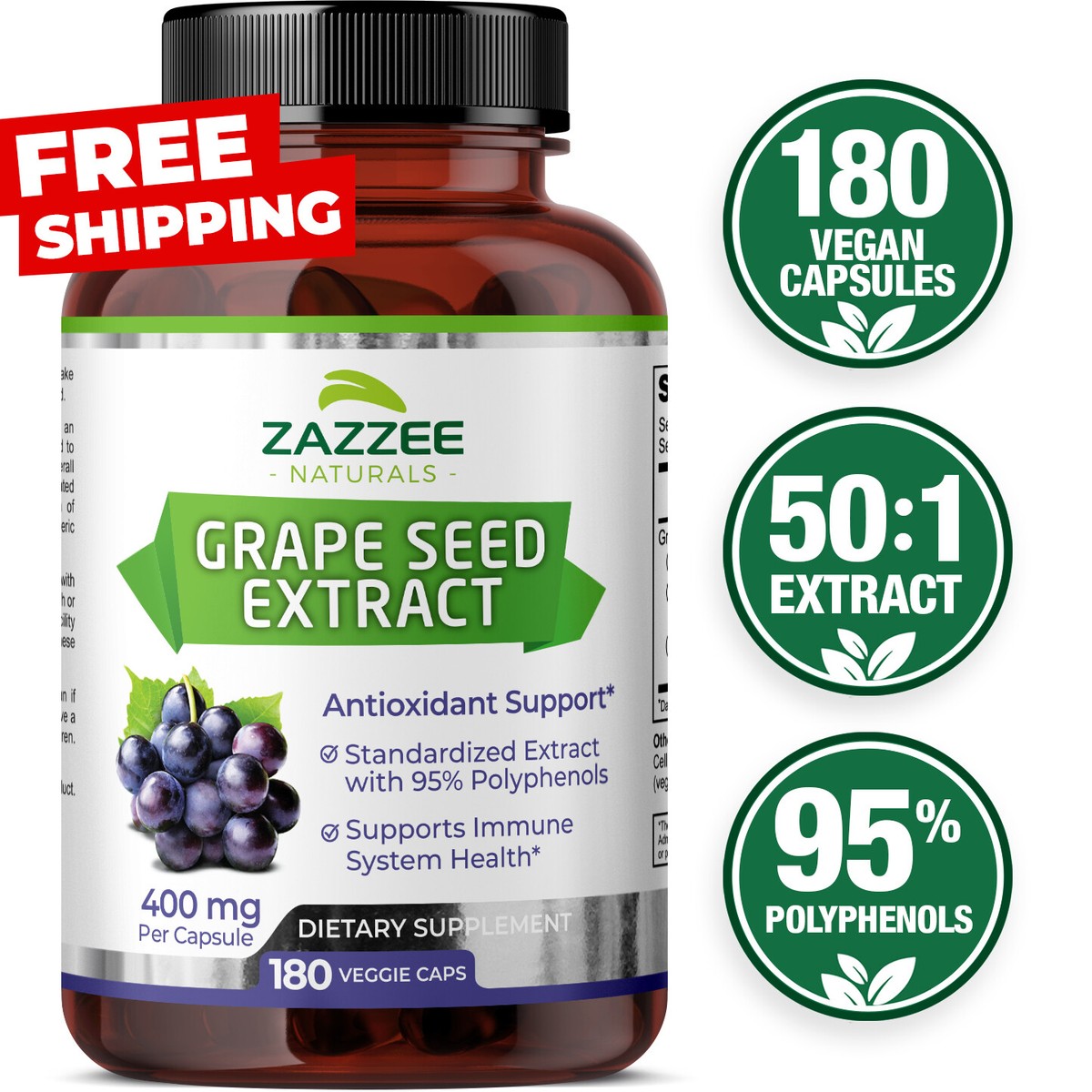 grape SEED １～８ Zazzee Grape Seed Extract 180 Veggie Capsules 400 mg 95