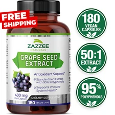 Zazzee Grape Seed Extract 180 Veggie Capsules 400 mg 95% Polyphenols Antioxidant