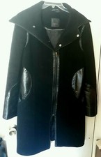 Womens Rudsak Black Wool With Leather Trim Trendy Long Trench Coat Jacket Large