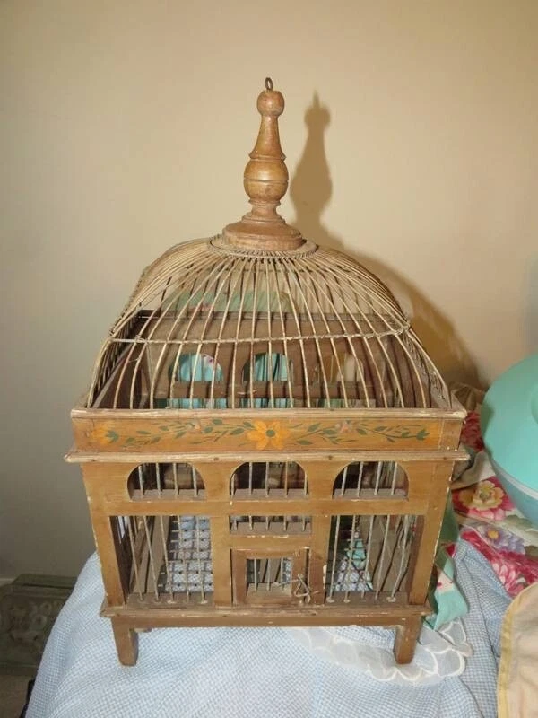 VINTAGE BAMBOO & WOOD PRIMITIVE LOOKING HANGING BIRD CAGE