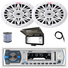 Pyle Bluetooth Marine Receiver, Cover, Antenna, Wire, 2x 6x9" 260W White Speaker