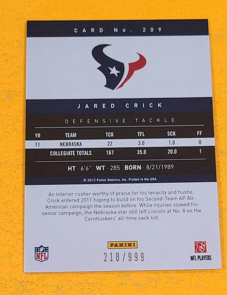 2012 Panini Prestige #209 Jared Crick Extra Points Blue #/999 RC - Image 2 of 2