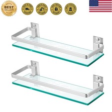 2-Pack Tempered Glass Bathroom Shelf with Rail, 15" x 4.5" Rectangular Shower...