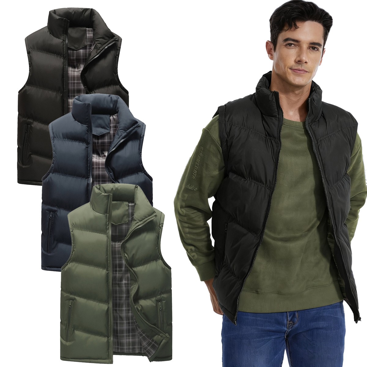 Men's Quilted Padded Vest Jacket Winter Warm Sleeveless Down Coat Outdoor Casual