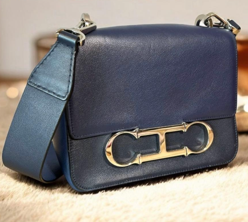 Carolina Herrera Initials Insignia Shoulder Bag Purse Navy USED from Japan