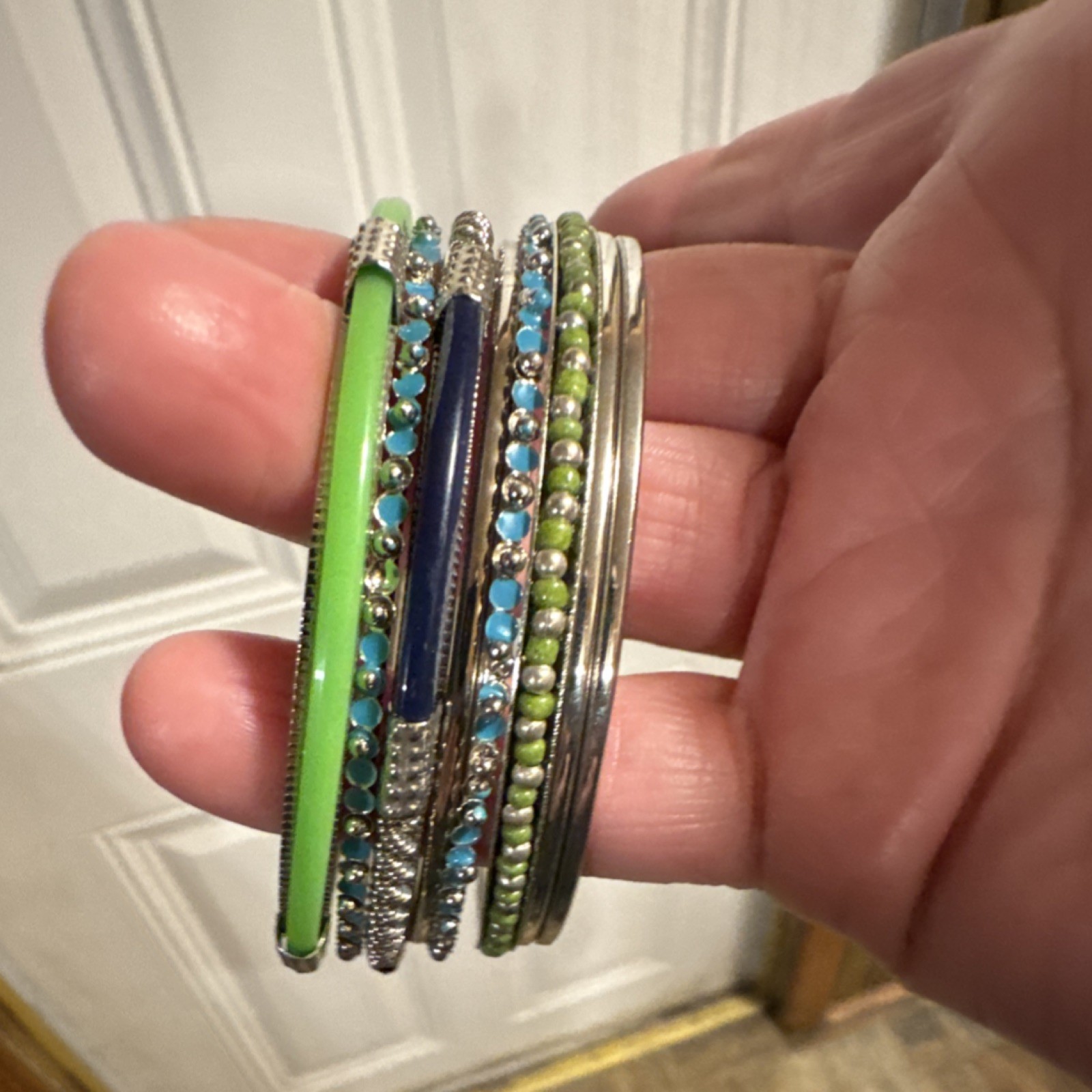 Stackable Beaded Bangle Bracelets Silver Green Bl… - image 2