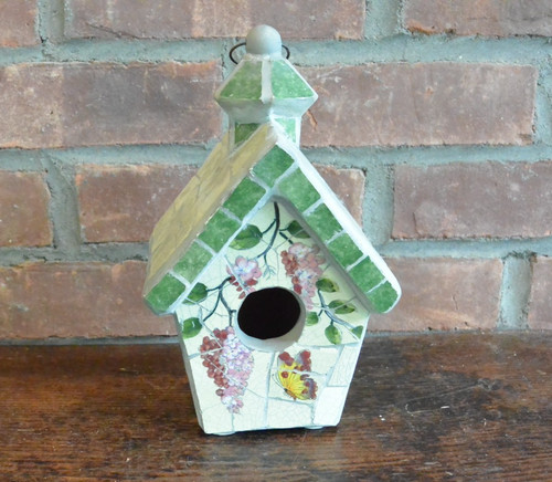 Decorative Mosaic Tile Birdhouse: Wisteria and Butterfly