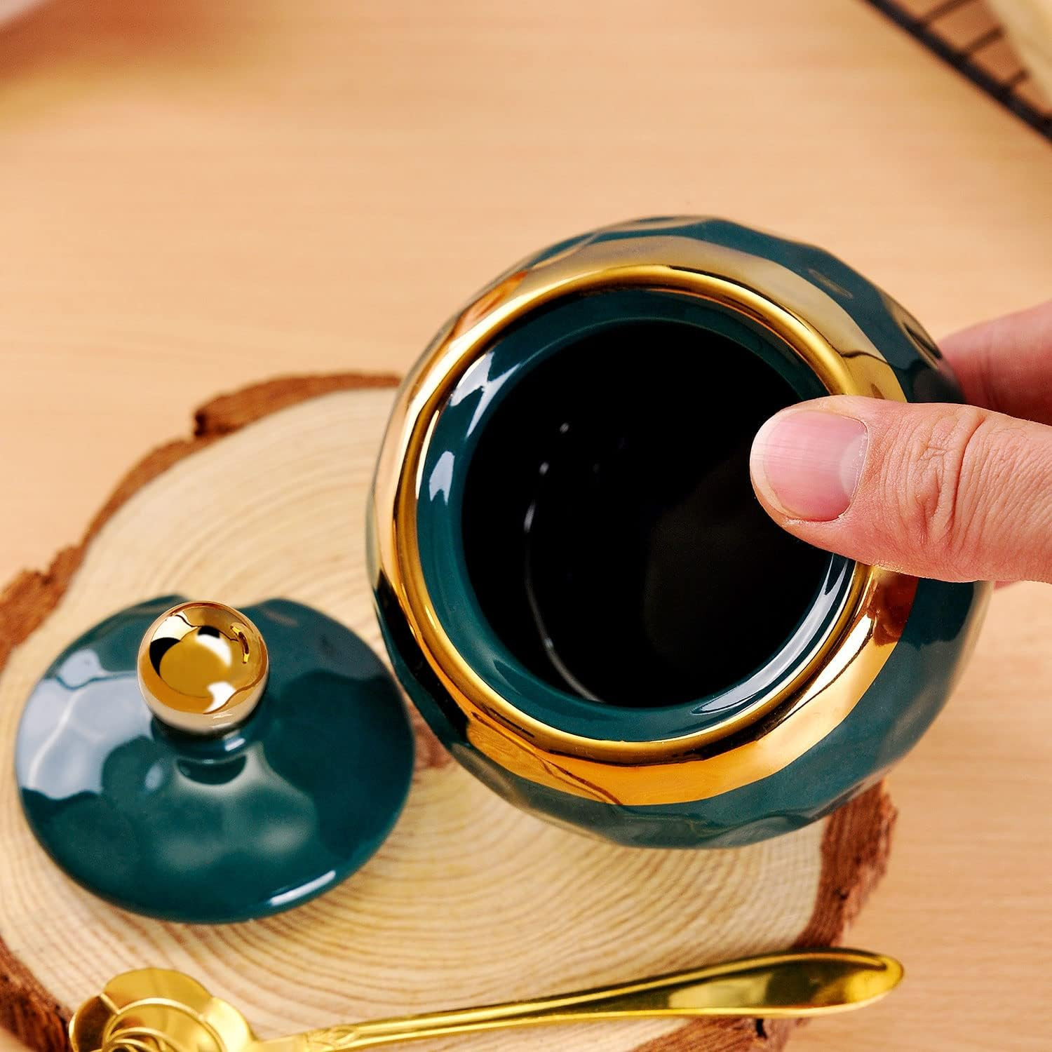 WHJY Ceramic Sugar Bowl with Lid and Spoon, Golf Design Porcelain Salt Bowl Salt