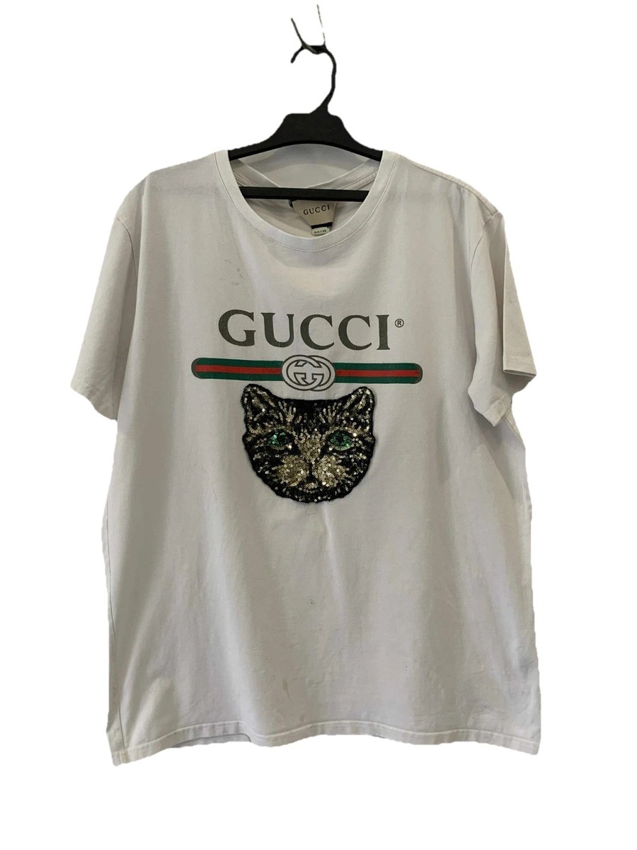 Gucci Made in Italy Cat Head Logo T-Shirt Sequin Graphic Tee Size