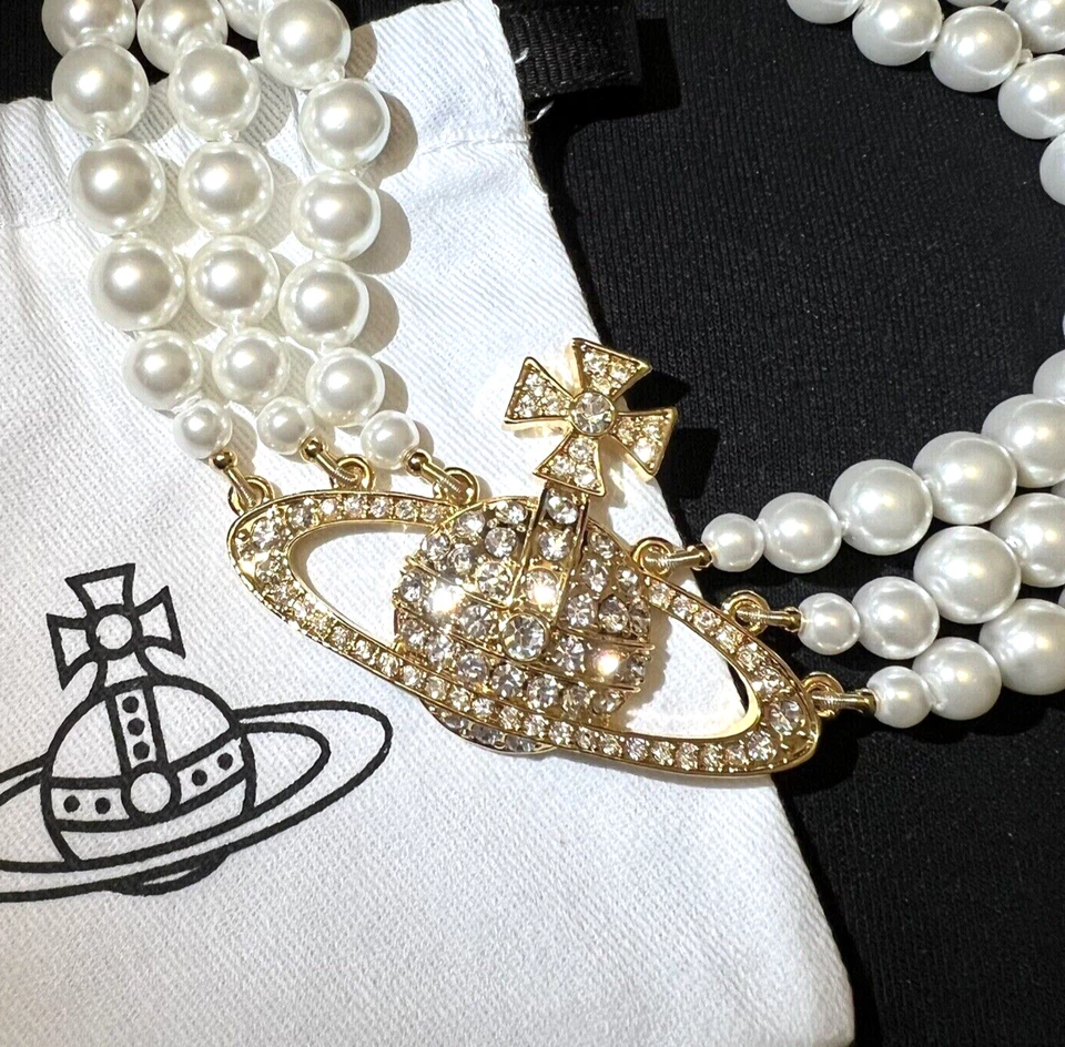 Vivienne Westwood Three Row Triple Layer Pearl Gold Necklace Choker