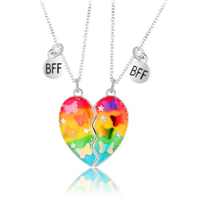 Novelty 2 Pcs Best Friend Matching Heart Necklace with Butterfly Sequin BFF Gift