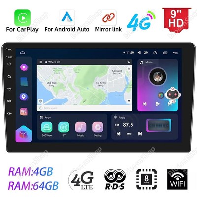9'' 4+64GB 8Core Android 13 Car Stereo CarPlay GPS Navi Bluetooth RDS DSP IPS