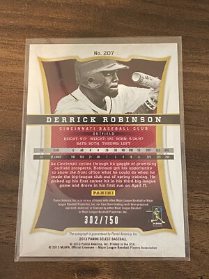 2013 Select Baseball DERRICK ROBINSON#207 Auto Cincinnati Reds RC