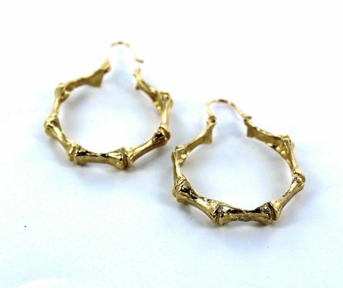 14KT SOLID YELLOW GOLD BAMBOO BONE SKELETON HALLOWEEN DAY OF DEAD HOOP EARRINGS - Picture 6 of 7
