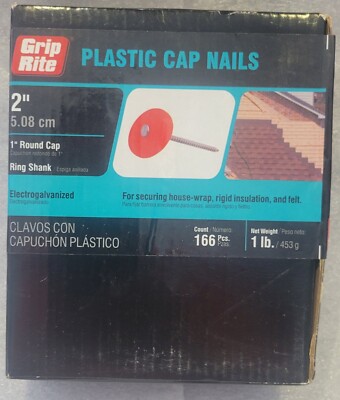GRIP-RITE 2'' Plastic Coated Cap Nails 1-lb Box 166 Nails Ring Shank Brand New