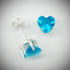 6mm HEART CZ Zircon Blue Post Stud Earrings in SOLID 925 Sterling Silver - NEW