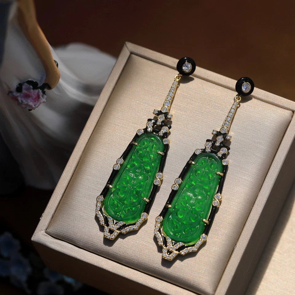 Ohrringe Clip On Golden Jade Geschnitzt Grün Kunst Deko 1920s Antik Stil SB2 - Bild 3 von 4