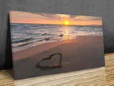 Golden hour magical beach with heart on sand mounted canvas print ready to hang