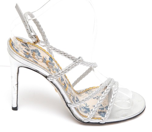 GUCCI Sandal Metallic Silver Leather HAINES Strappy Floral Sz 38 - Picture 2 of 10