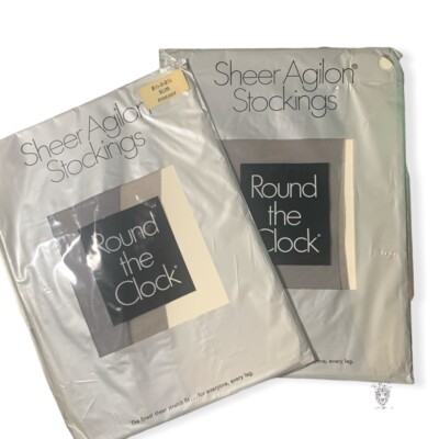 Vintage 2 Round The Clock Sheer Agilon Stockings Stone Gray size 8.5-9. ...