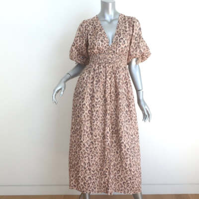Zimmermann Melody Puff Sleeve Midi Dress Leopard Print Linen Size