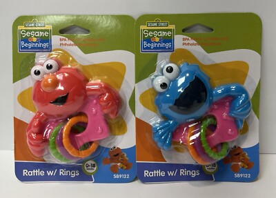 2 NOS SEALED 2013 Sesame Street Elmo & Cookie Monster Baby Rattles FREE SHIPPING