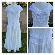 Vtg 90s Jessica McClintock Boho Bridal White Cotton Dress Lace Sz 16 Romantic