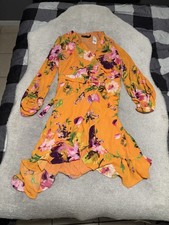 New York & Co Orange Floral Wrap Dress Women’s Medium M Long Sleeve Ruffle Long