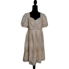 Floral Embroidered Sheer Lined Milk Maid Cottagecore Cream Midi Dress Size Large