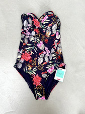 John Lewis Twisted Bandeau Swimming Costume. Blue/Pink Tropical Print. UK 8.