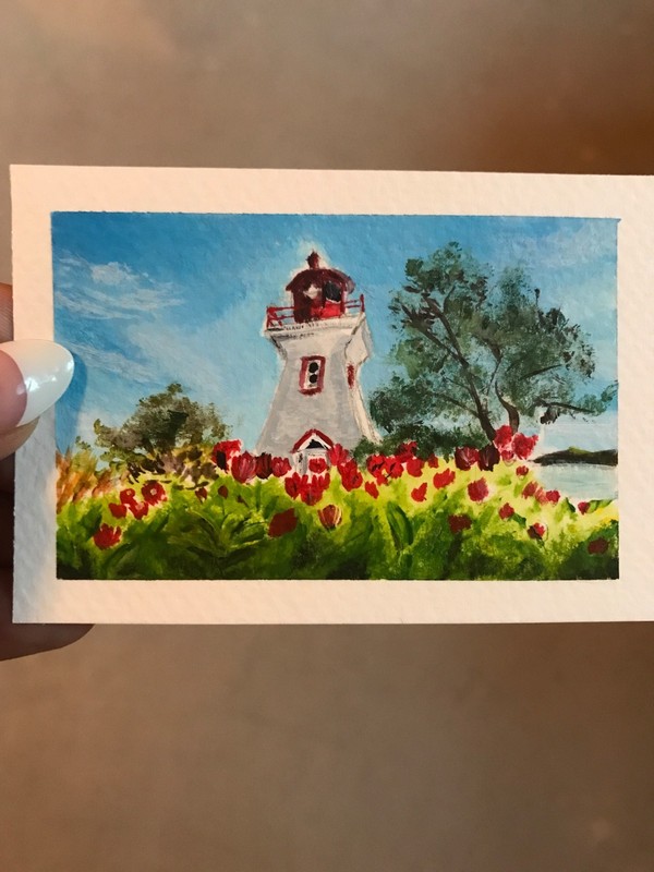 ACEO Original Acrylic Painting Prince Edward Island Lighthouse Canada Tulips
