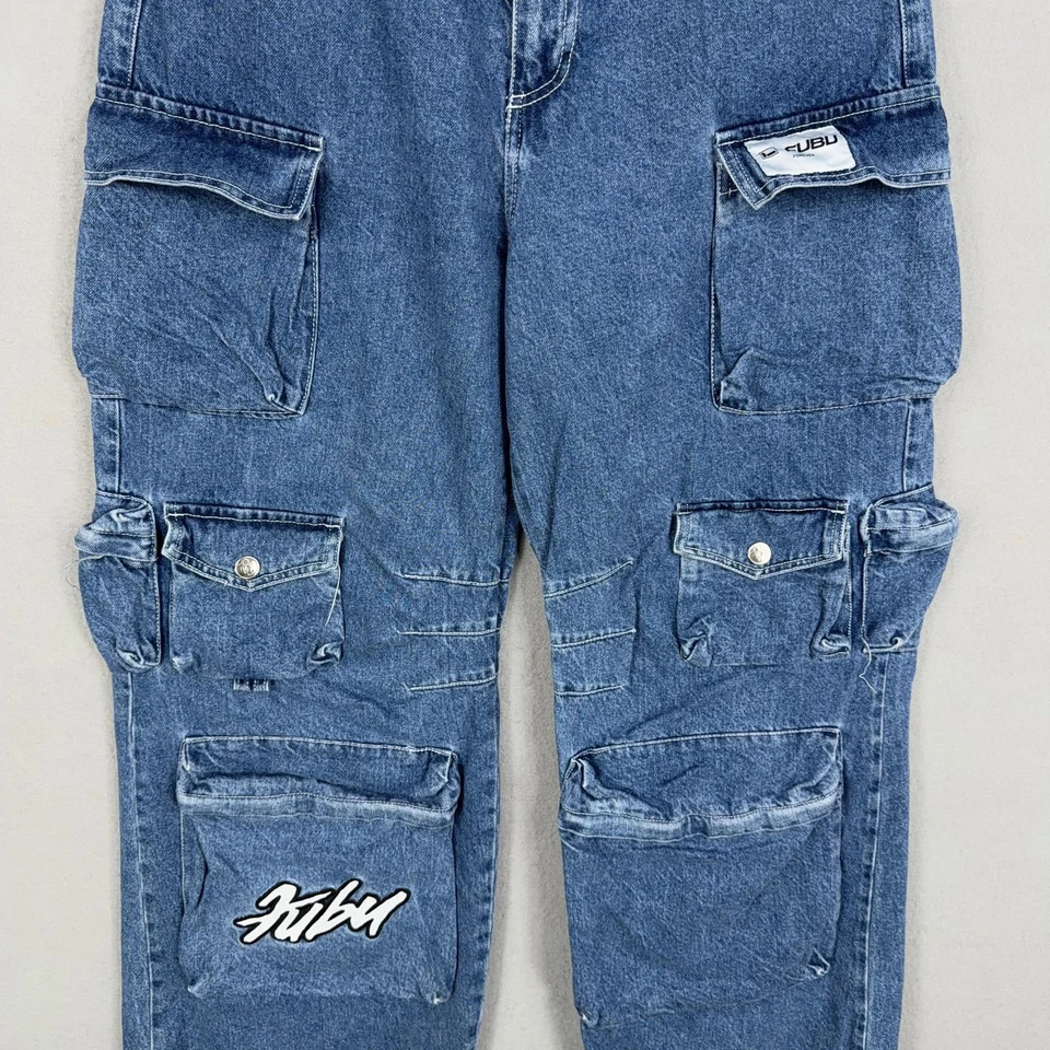 Fubu Jeans Womens Large Blue Denim Cargo Baggy Wide Leg Y2K Skater Forever 21 - Image 3 of 4