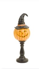 Light Up Jack o Lantern Pumpkin w Witch Hat on Pedestal Halloween Decor 19.5  